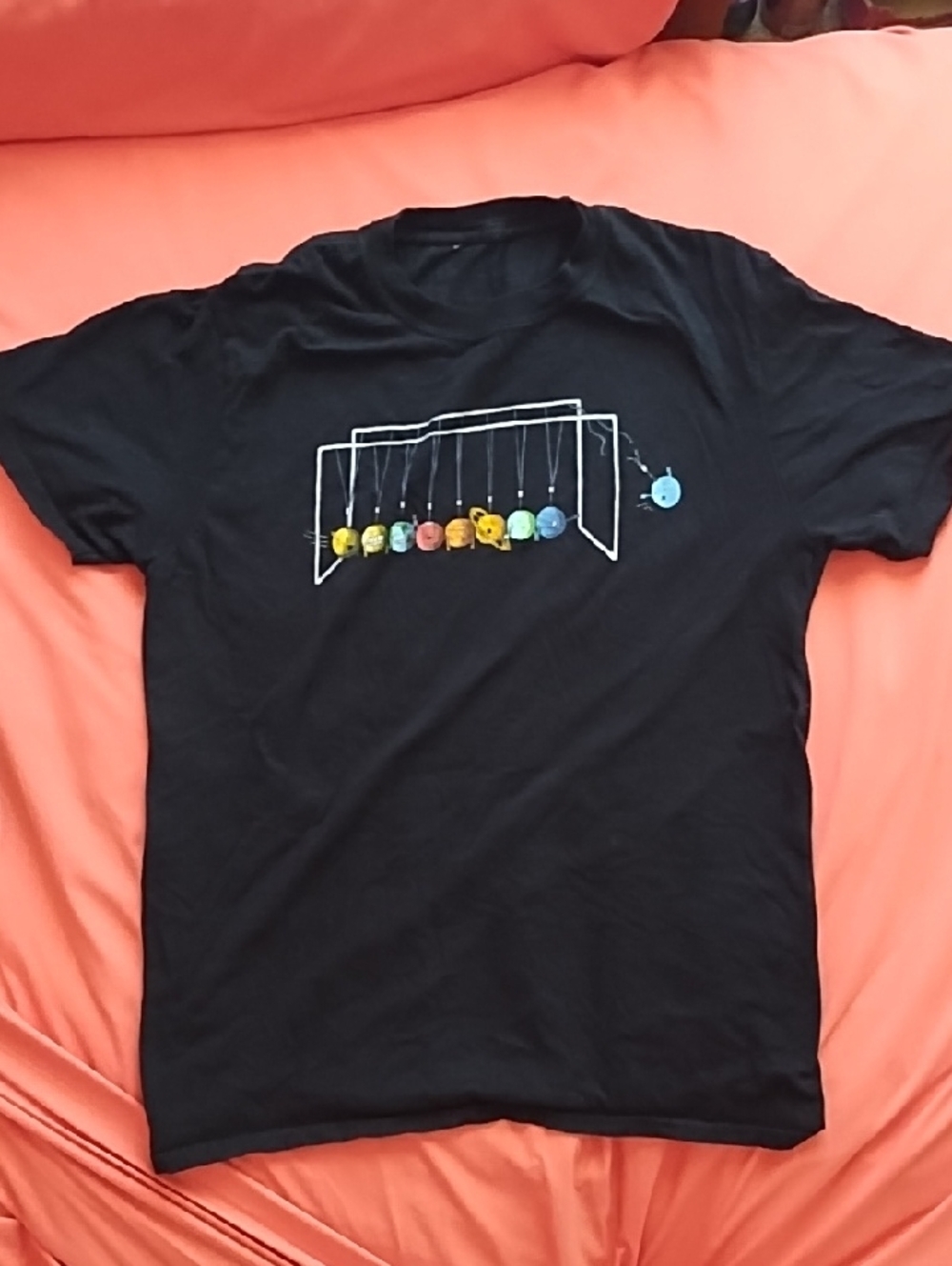 Threadless Black Tee with Colorful Planet Newton's Cradle